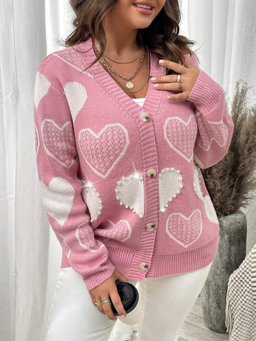 Pink Casual Women's Heart Pattern Rhinestone Cardigan - Picture 5 of 8